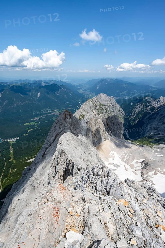 Rocky steep mountain landscape, view of Eibsee lake and mountain ridge with summit Waxenstein and Riffelspitze, Wetterstein range, Wetterstein range, Bavaria, Germany