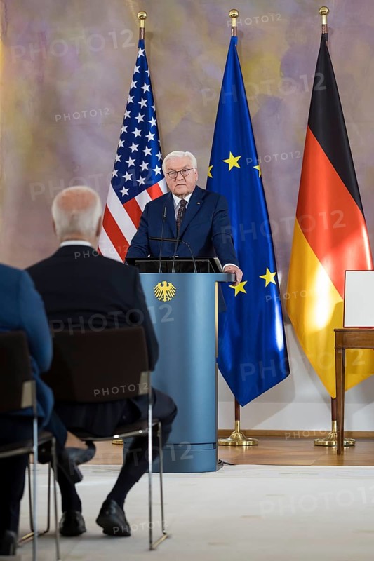 Frank-Walter Steinmeier (President of the Federal Republic of Germany) delivers a speech in front of the awarding of the special level of the Grand Cross to Joe Biden (46th President of the United States) at Bellevue Palace, Berlin, 18 October 2024