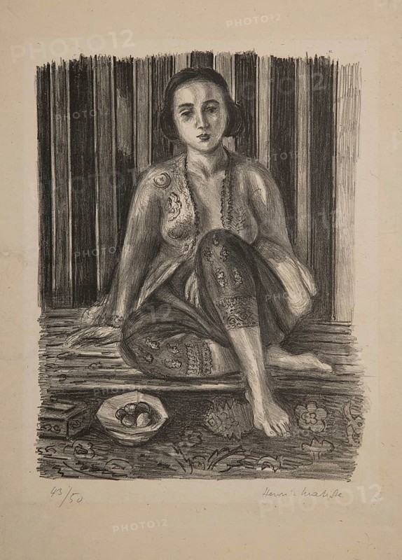Henri Matisse, Henri Emile Benoit Matisse (born 31 December 1869, died 3 November 1954 in Cimiez), French painter, graphic artist, draughtsman, Classical Modernist. Here his work:, Odalisque with a Bowl of Fruit (1925), Odalisque with a Bowl of Fruit, Painting, Reproduction of the painting, Work of art, Historical, Seated woman in oriental dress on a carpet in black and white