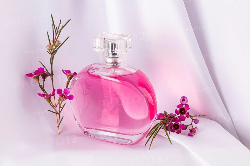 Elegant perfume bottle filled with vibrant pink liquid, beautifully paired with delicate magenta flowers on a soft white background, creating a luxurious and fragrant setting