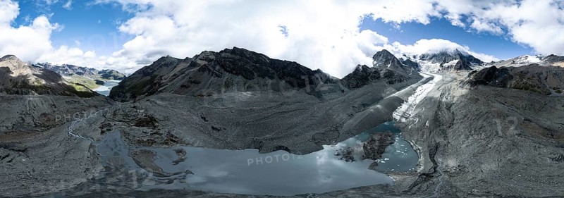 Aerial view, Alpine panorama, mountain landscape with glacier Glacier de Cheilon and summit Mont Blanc de Cheilon and Lac de Dix, Valais, Western Alps, Switzerland