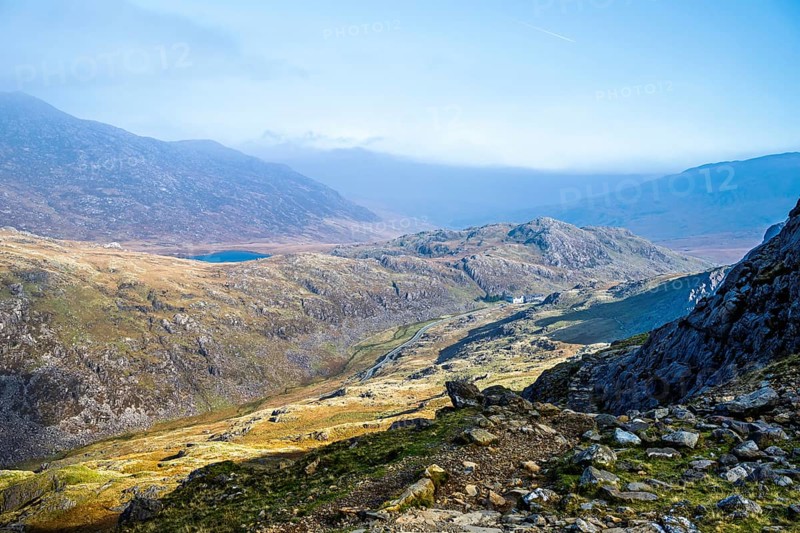 Autumn colours of Pen-y-Pass over Miner's Track, Start Point and road A4086, Snowdonia, Wales, UK