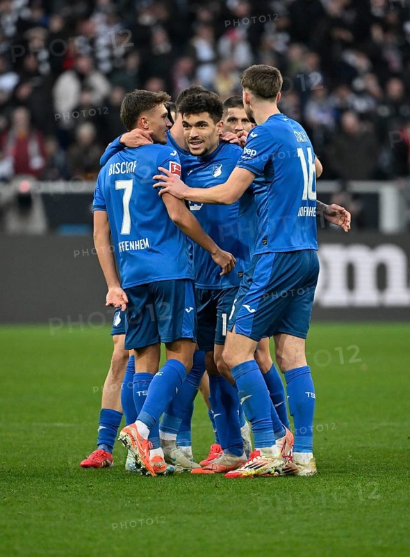 Goal celebration Tom Bischof TSG 1899 Hoffenheim (07) Valentin Gendrey TSG 1899 Hoffenheim (15) Anton Stach TSG 1899 Hoffenheim (16) PreZero Arena, Sinsheim, Baden-Württemberg, Germany