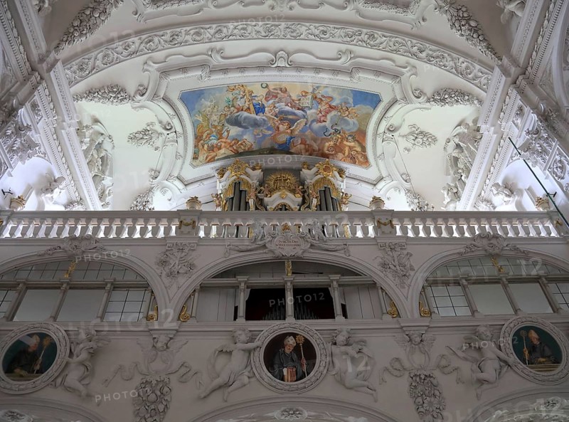 Benediktbeuern Abbey, former Benedictine Abbey, today a branch of the Salesians of Don Bosco, choir room of the monastery church of St. Benedict, vaulted paintings by Hans Georg Asam, are considered the earliest frescoes of Old Bavarian Baroque art, Bad Tölz-Wolfratshausen district, Upper Bavaria, Bavaria, Germany