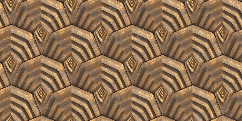 A 3D shield-shaped pattern with metallic tones, featuring intricate geometric designs. Perfect for use in digital art, backgrounds, or architectural concepts