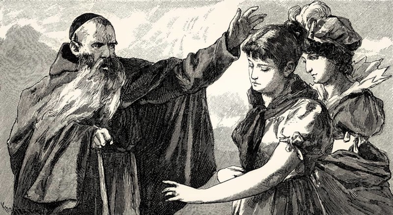 ACT V., SCENE VII., Eugenie, Monk, scene from THE NATURAL DAUGHTER, DIE NATÜRLICHE TOCHTER, by Johann Wolfgang von Goethe