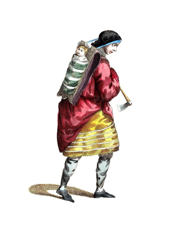 Historical clothing, fashion over time, traditional costume of the Wiendot Indian woman in the 18th century, America, digitally restored reproduction of an 18th/19th century model, exact date unknown, woman with baby on her back and an axe in her hand