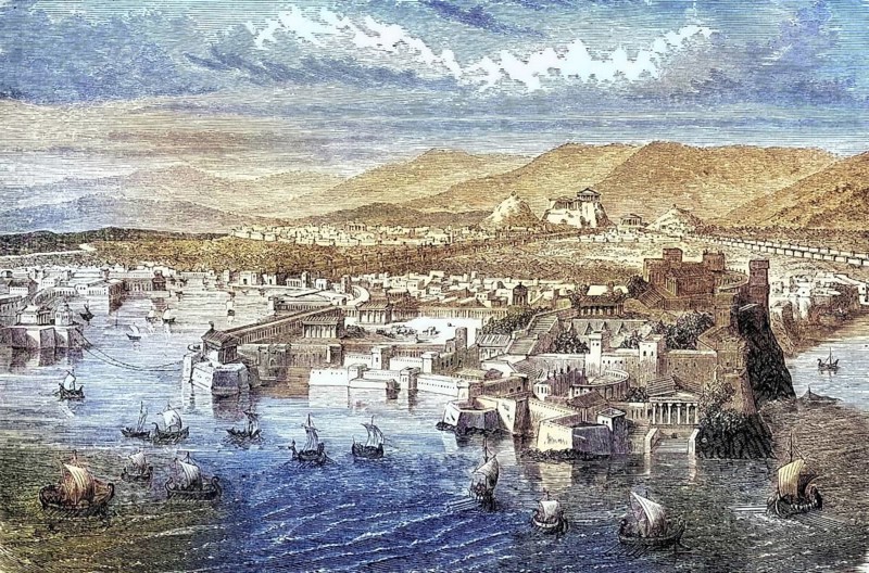 Ancient Athens from the harbour of Piraeus around 1850, Greece, digital reproduction of a historical model