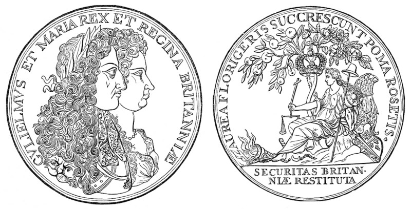 Coin with busts of Dutch Prince of Orange King William III and his spouse Queen Mary II