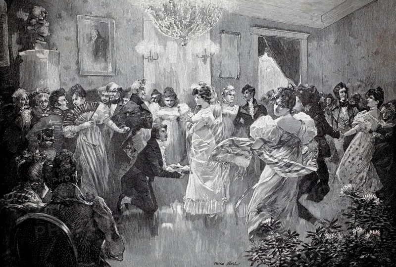 A wedding ball in the 19th century with wealthy people, Germany, authentic, digitally restored reproduction from a 19th century model, exact date of depiction unknown, historic, elegant ladies and gentlemen dance in a festive ballroom in a convivial and cheerful atmosphere
