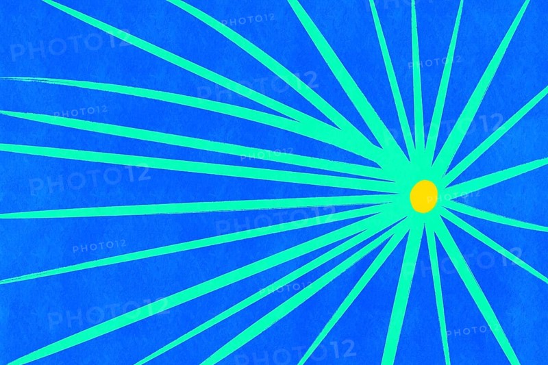 A dynamic illustration featuring a vibrant sunburst design Radiating green and blue lines stretch from a central yellow circle, creating an eye-catching abstract pattern