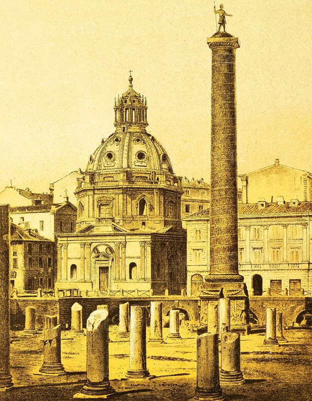 On the Forum Traiani or Foro di Traiano, Trajan's Forum, Victory Column or Trajan's Column with scenes from the Dacian War, ruins, remains of columns, basilica, domed building, architecture, ancient Rome, Italy, coloured historical illustration from 1882