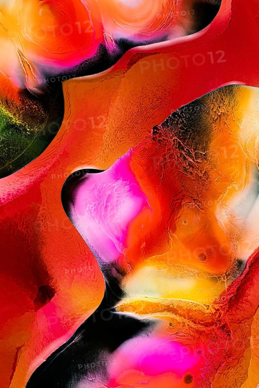 A striking abstract artwork showcasing dynamic liquids patterns. Bright hues of red, orange, pink, and black intermingle to create a vivid, energetic composition