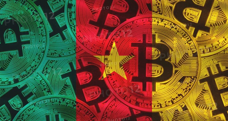 Bitcoin coins on Cameroon flag background. Golden bitcoin coins on Cameroon flag background