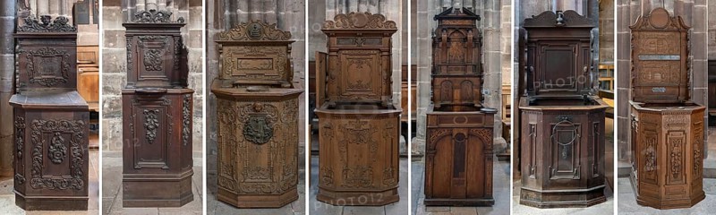Seven medieval chairs from the craft guilds also alms chairs in St. Lawrence Church, Nuremberg, Middle Franconia, Bavaria, Germany