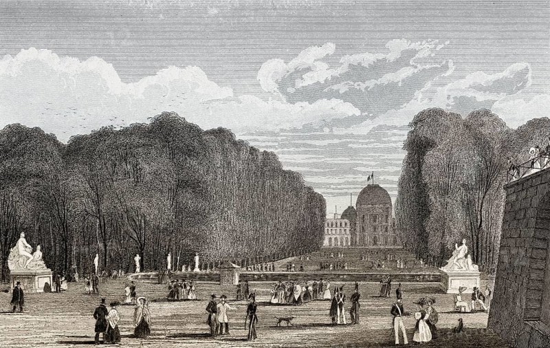 Garden of the Tuileries Palace, Paris, antique steel engraved print, 1831