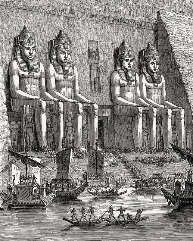 Ancient Egyptian ships, Abu Simbel temple, drawing from the 19th century