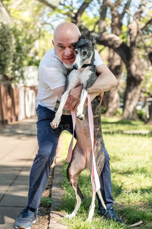 Vertical shot of a man embracing his greyhound pet, both looking at the camera while strolling down the sunny sidewalk