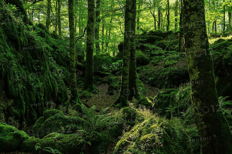 Discover the serene beauty of a lush, deep green forest in Sierra de Urbasa, Navarra, Spain. Sunlight filters through the trees, illuminating the vibrant moss-covered landscape