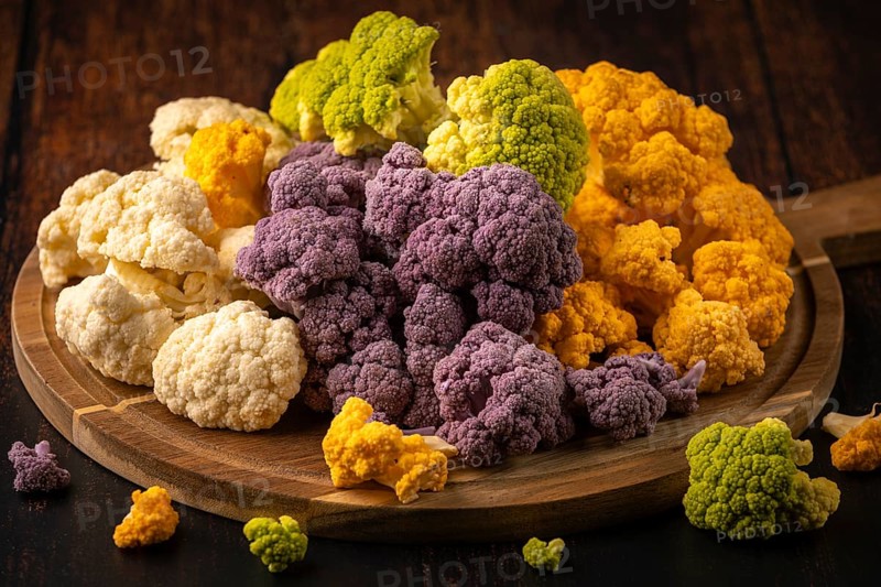 Different colored cauliflower arranged on a wooden plate