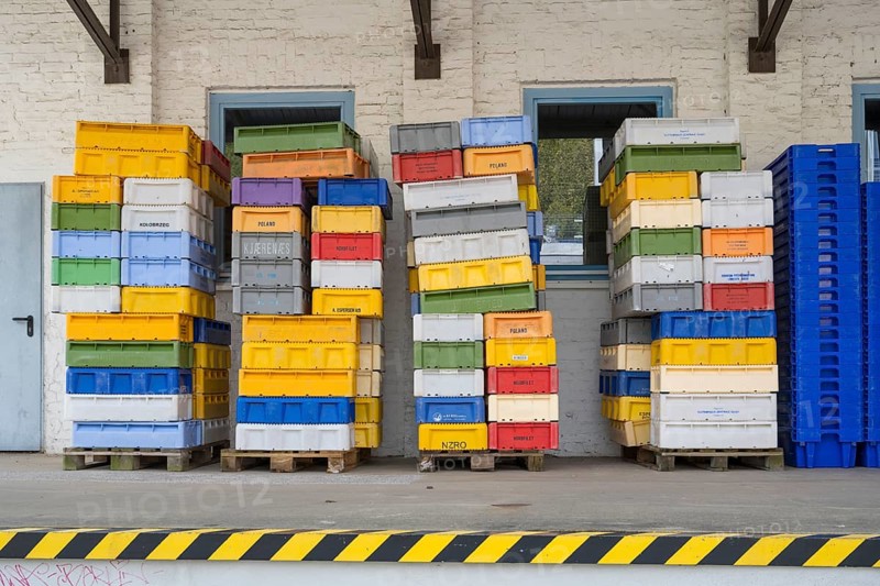 Numerous colored containers are stacked at a warehouse, Sassnitz, Rügen, Insel, Baltic Sea, Mecklenburg-Western Pomerania, Germany