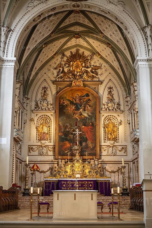 The magnificent Baroque high altar in the choir room of Constance Cathedral with its central painting of the Virgin and intricate gold decorations, Constance, district of Constance, Baden-Württemberg, Germany