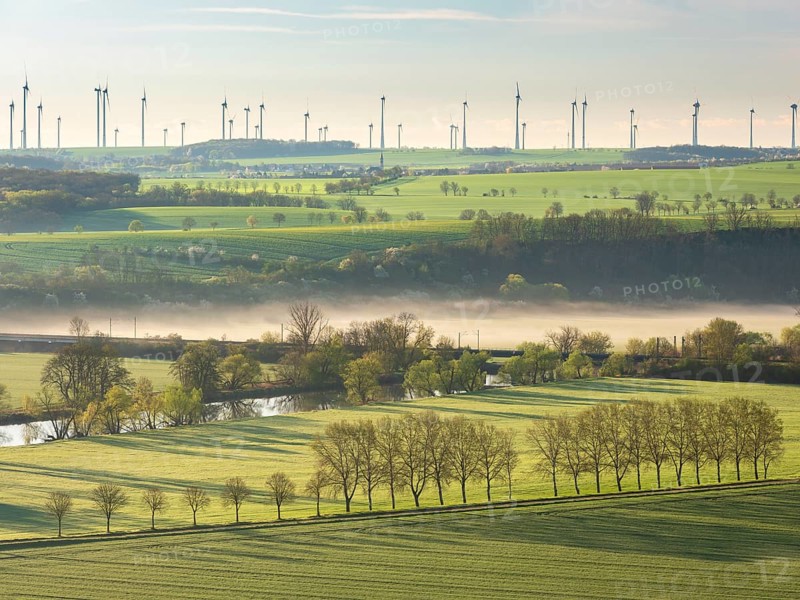 Morning atmosphere in the Saale Valley in spring, fog sweeping through the valley, wind turbines on the horizon, Naumburg, Saxony-Anhalt, Germany