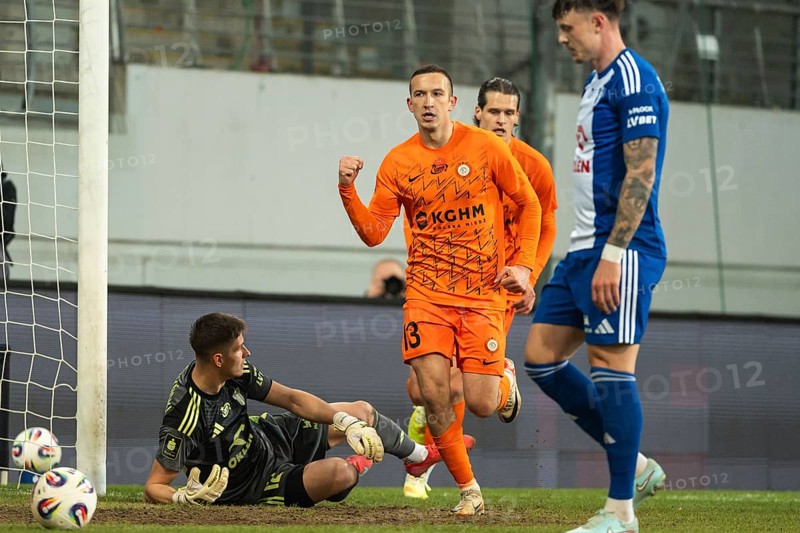 LUBIN, POLAND - MARCH 2, 2026: Football match between KGHM Zaglebie Lubin vs - Wisla Plock. Joy Mateusz Grzybek after scoring goal