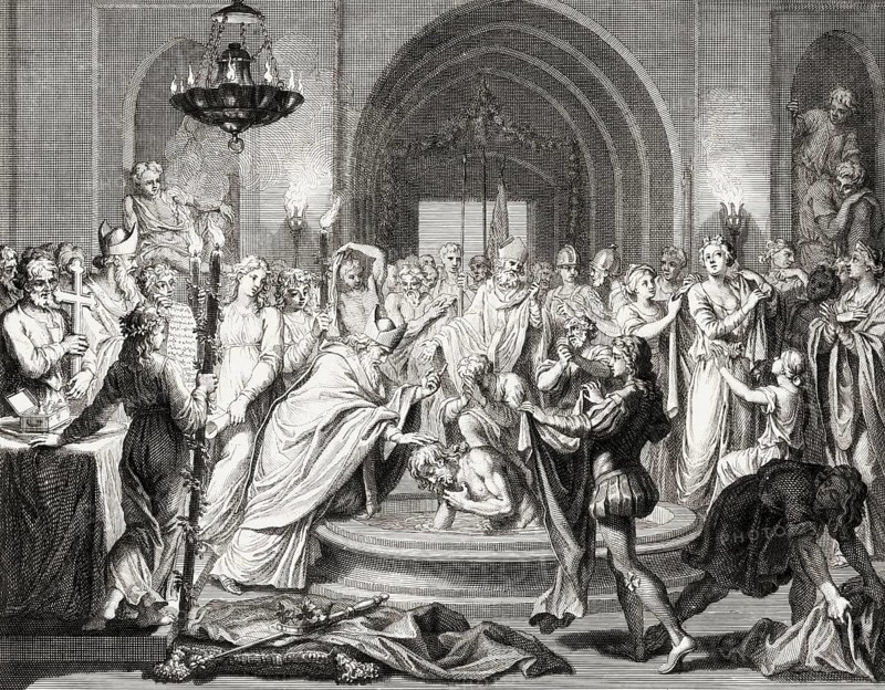 Baptism of Clovis by Saint Remigius, cathedral of Reims, 496, Clovis, Chlodovechus, Chlodwig I., Chlodowech, 466-511, King of the Franks of the Merovingian dynasty