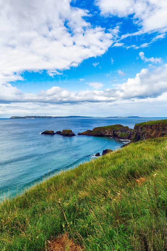 Coastline between Ballycastle and Ballintoy overlooking the sea, Causeway Coastal Route, Antrim, Northern Ireland, Great Britain