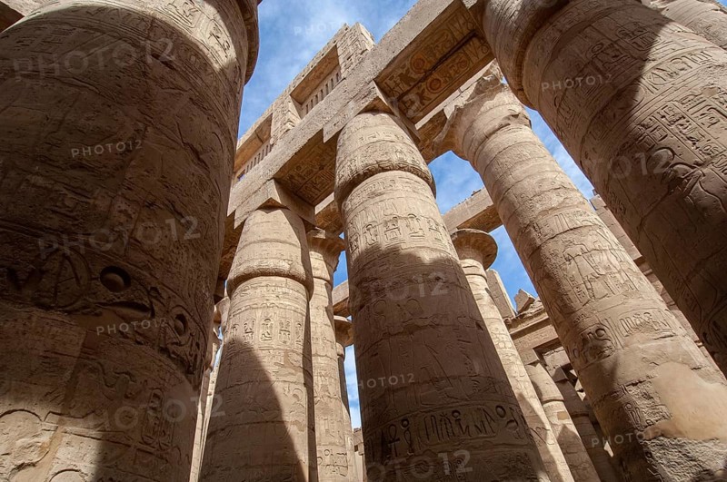 Luxor, Egypt. February 12th 2009 Columns at Karnak Pharaonic inscriptions at the ancient Egyptian ruins beside the Nile at Luxor, Egypt