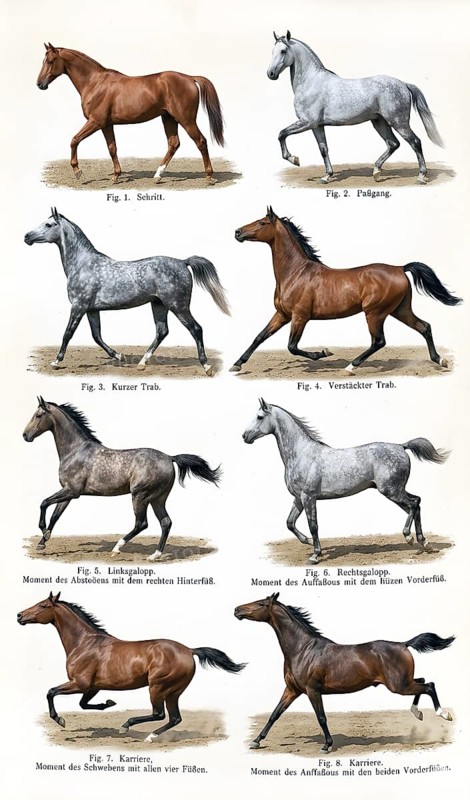 Horses gait display, walking, galloping, stepping, trotting, horse walking, horse racing, riding, historical illustration, digitally edited