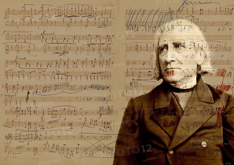 Portrait of Franz Liszt, 1811-1886, Hungarian composer, virtuoso pianist, Années de pèlerinage, suite for solo piano, manuscript in Liszt's handwriting