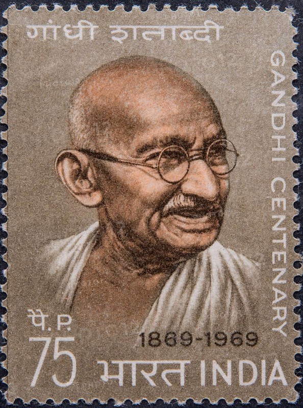 Mahatma Gandhi, 1869, 1948, Indian politician and leading figure in India's independence efforts from the British Empire. Portrait on Indian postage stamp