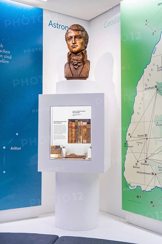 Bust on a pedestal in front of a wall, part of an exhibition on astronomy and geodesy, Bohneberger Showroom Museum Calw, Black Forest, Germany