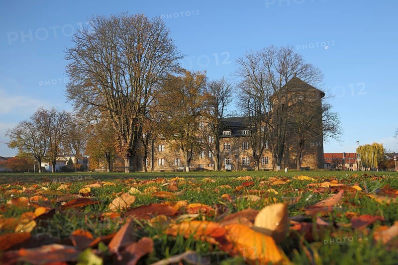 Landgrave's castle in autumn, fall leaves, leaf fall, leaves, view from below, Butzbach, Wetterau, Hesse, Germany