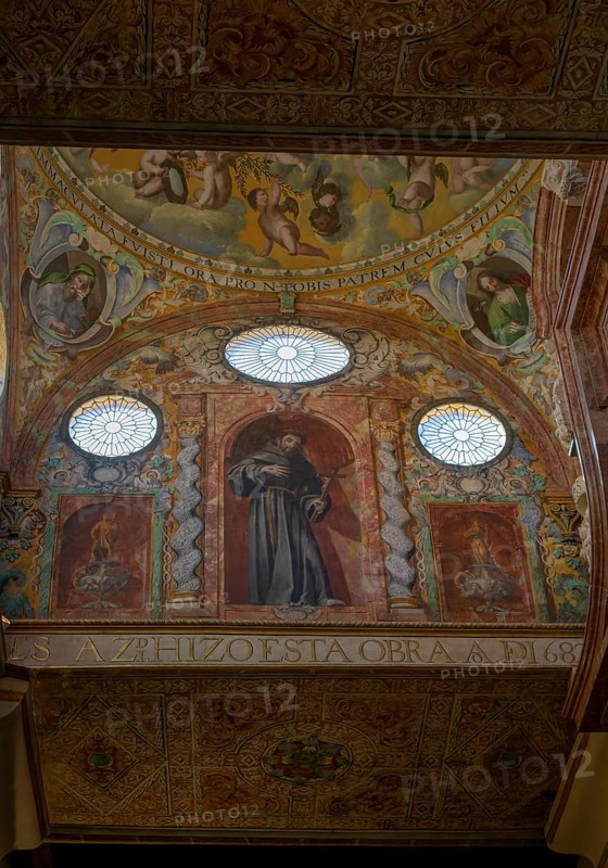 Cathedral Mosque of Córdoba (Mezquita-Catedral), A ceiling painting depicting a saint and figures of angels, framed by artistic paintings, Cordoba, Andalusia, Spain