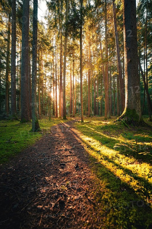A narrow path winds through a quiet forest, illuminated by the soft morning light, Unterhaugstett, Black Forest, Calw district, Germany