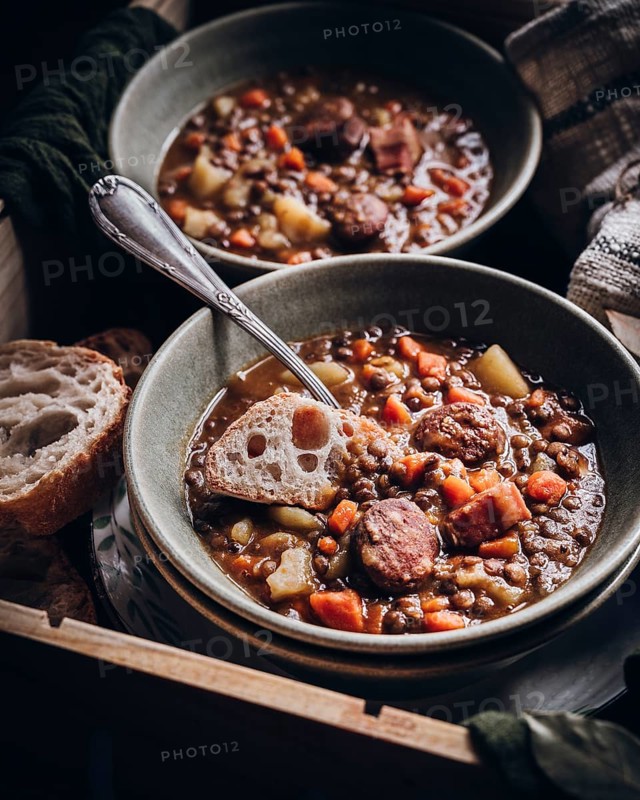 Two bowls of hearty lentil stew featuring chunks of sausage, potatoes, and carrots, accompanied by slices of crusty bread, offering a warm and comforting meal setting