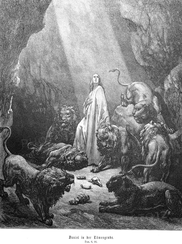 Daniel, chapter 6, verse 16, God protects Daniel in the lion's den, predators, lions, bones, ray of light, religion, Old Testament, Bible, steel engraving Doré, historical illustration 1885