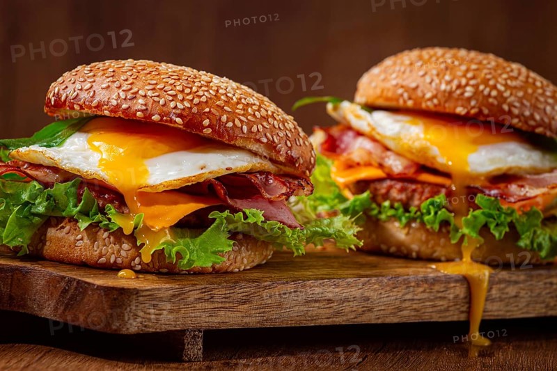 Two juicy burgers sit on a wooden board, each filled with lettuce, bacon, cheese, and fried eggs