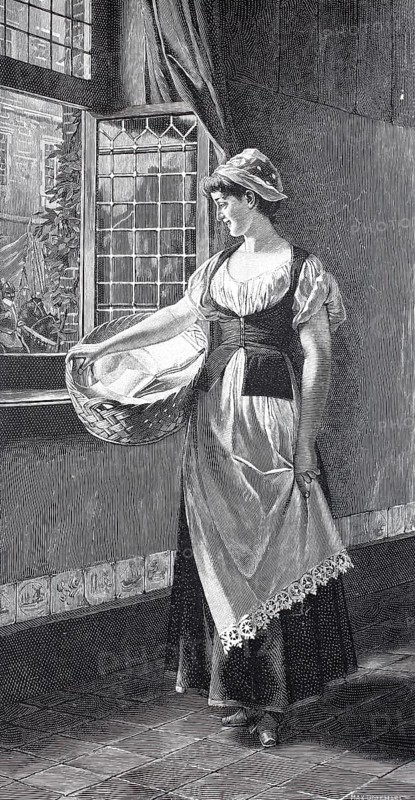 Other little towns, other girls, Maid with a laundry basket looks out of the window at passing soldiers, around 1880, digital reproduction of an original 19th century model, historical, A woman in traditional dress stands with a basket at the window of a cosy interior