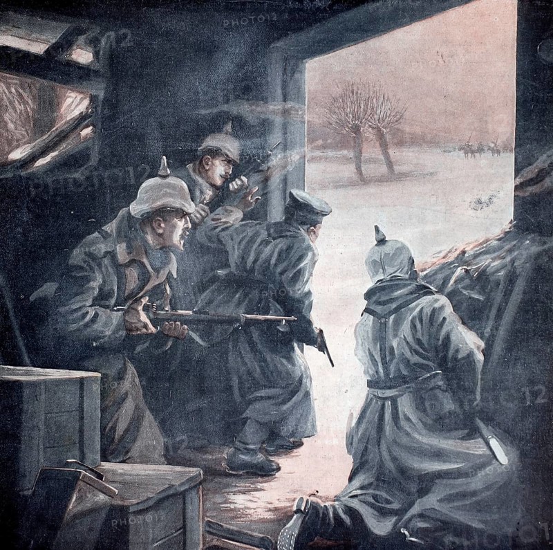 1st World War, a Cossack patrol is surprised by a German outpost (original picture text from 1915, original colouring), illustration, reproduction from a 19th century original. Authentic, file restored for optimal use, exact date of original unknown, Historical, Soldiers in a trench look tensely at the battlefield. The winter sky is gloomy and the atmosphere tense