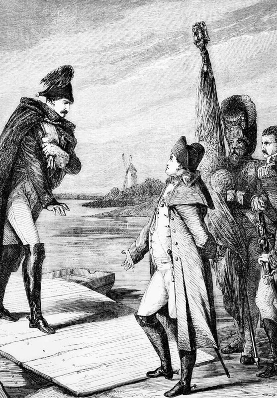 Napoleon I of France and Tsar Alexander I of Russia meet on a raft in the middle of the River Memel in the Kaliningrad Oblast, Russia, on 7 July 1807 to sign the first Treaty of Tilsit, digital reproduction of a historical original