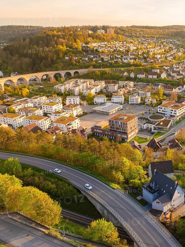 Town view with viaduct and houses, green hills in the background, Nagold, Black Forest, Germany