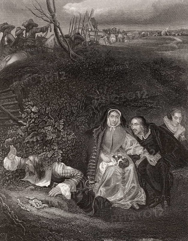 Henrietta Maria, Queen Consort of Charles I, hiding out of sight of the passing army