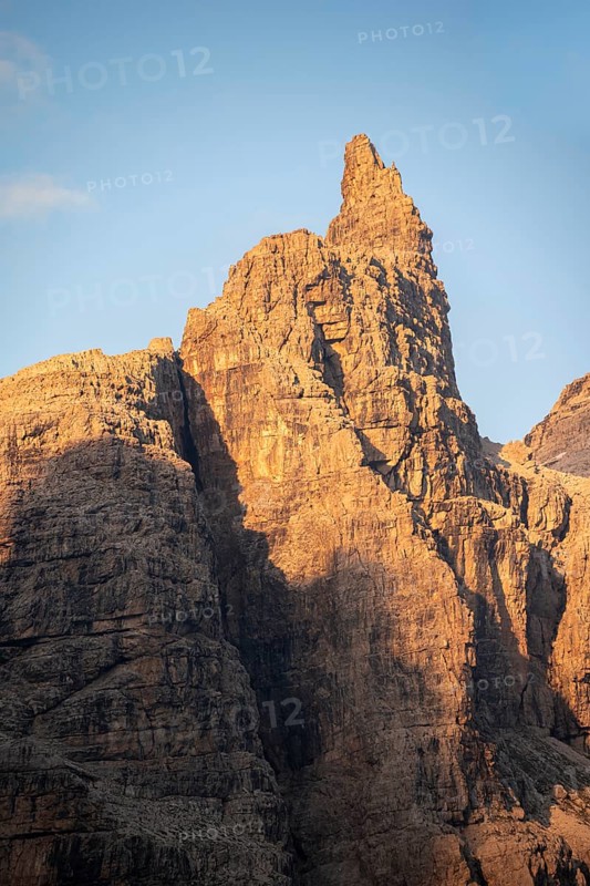 Sunset, mountain valley, Castelletto Superiore mountain peak, Brenta Mountains, Brenta, Brenta-Adamello Natural Park, Trentino, Italy