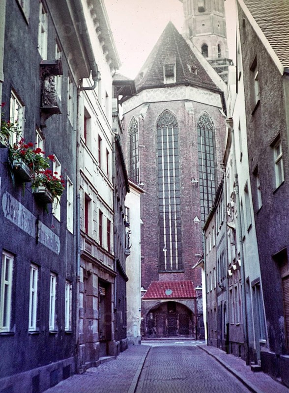 Historic buildings in the city of Landshut, Bavaria, Germany in 1970