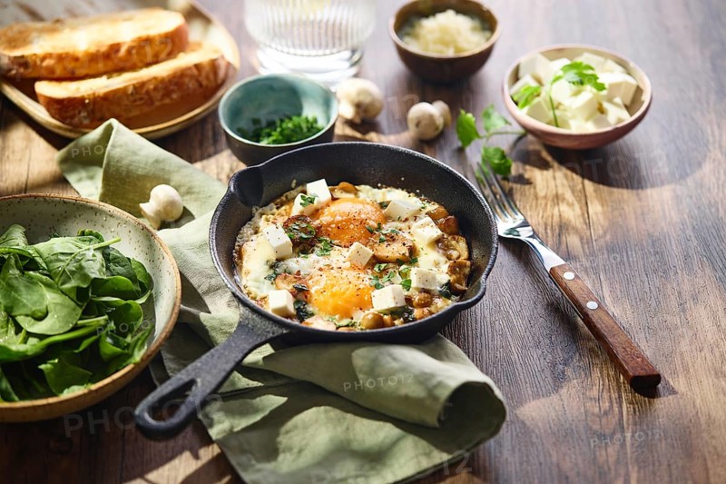 Fried eggs with spinach, mushrooms, grated cheese and feta cheese in small cast iron skillet