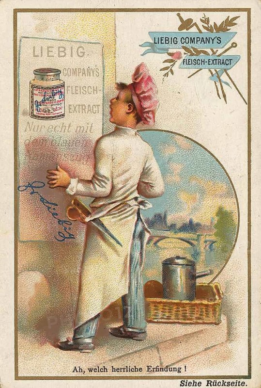 Series of pictures of children in various professions with Liebig glass, cook, Liebig picture, digitally restored reproduction of a collector's picture from around 1900, public domain, exact date unknown, cook looking at a poster with product information in an urban setting